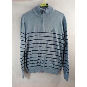 Nautica 1/4 Zip Pullover Sweater Gray Blue Striped Long Sleeve Men's Size M